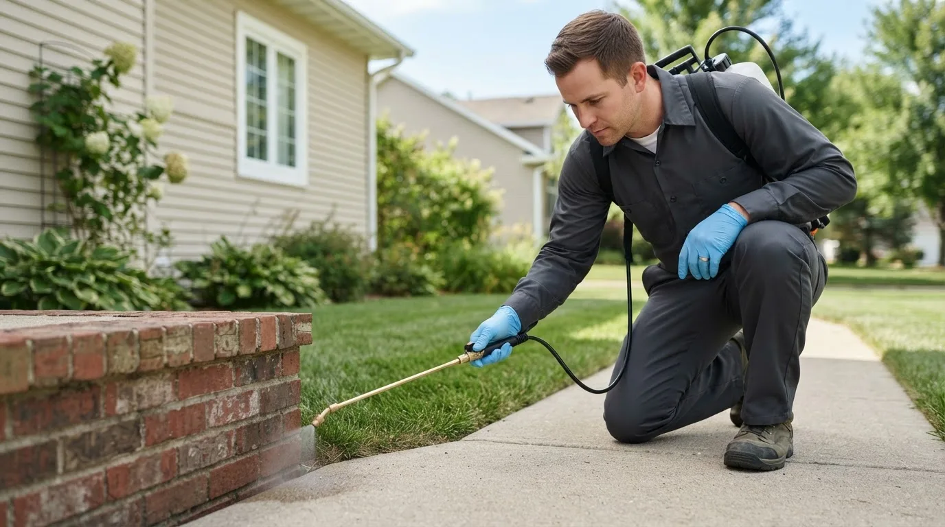 Pest control technician treating a home near Avant, OK